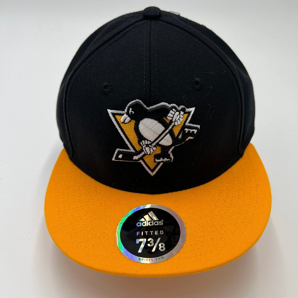 Adidas Pittsburgh Penguins NHL Fitted Hat 7 3/8 Black Yellow Flat Brim Cap